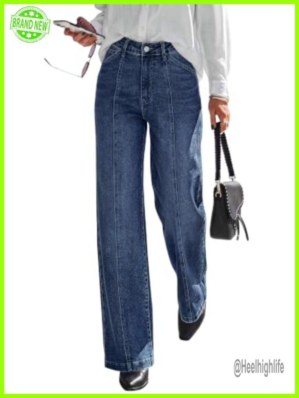 Wide Leg Straight Leg Jeans Front Seam High Waisted Stretch Denim